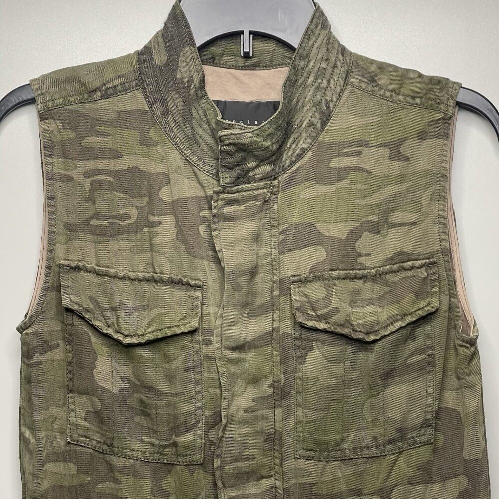 Sanctuary Green Camo Courier Military Cargo Vest Jacket Linen Blend Top Small - Picture 2 of 9